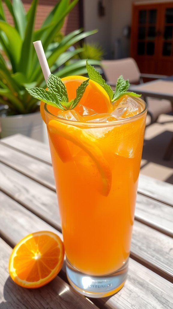 A clear glass filled with Tangerine Rum Cooler, garnished with tangerine slices and mint, on a sunny patio.